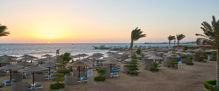 Der Strand des Sea Star Beau Rivage in Hurghada liegt im warmen Licht des Sonnenuntergangs. Das Rote Meer schimmert ruhig im Abendlicht.